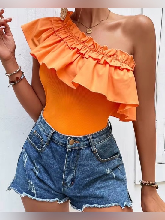 SHEIN Tops - SHEIN Womens M Orange Ruffle Asymmetrical Top Boho Fall 90s Cottagecore Preppy